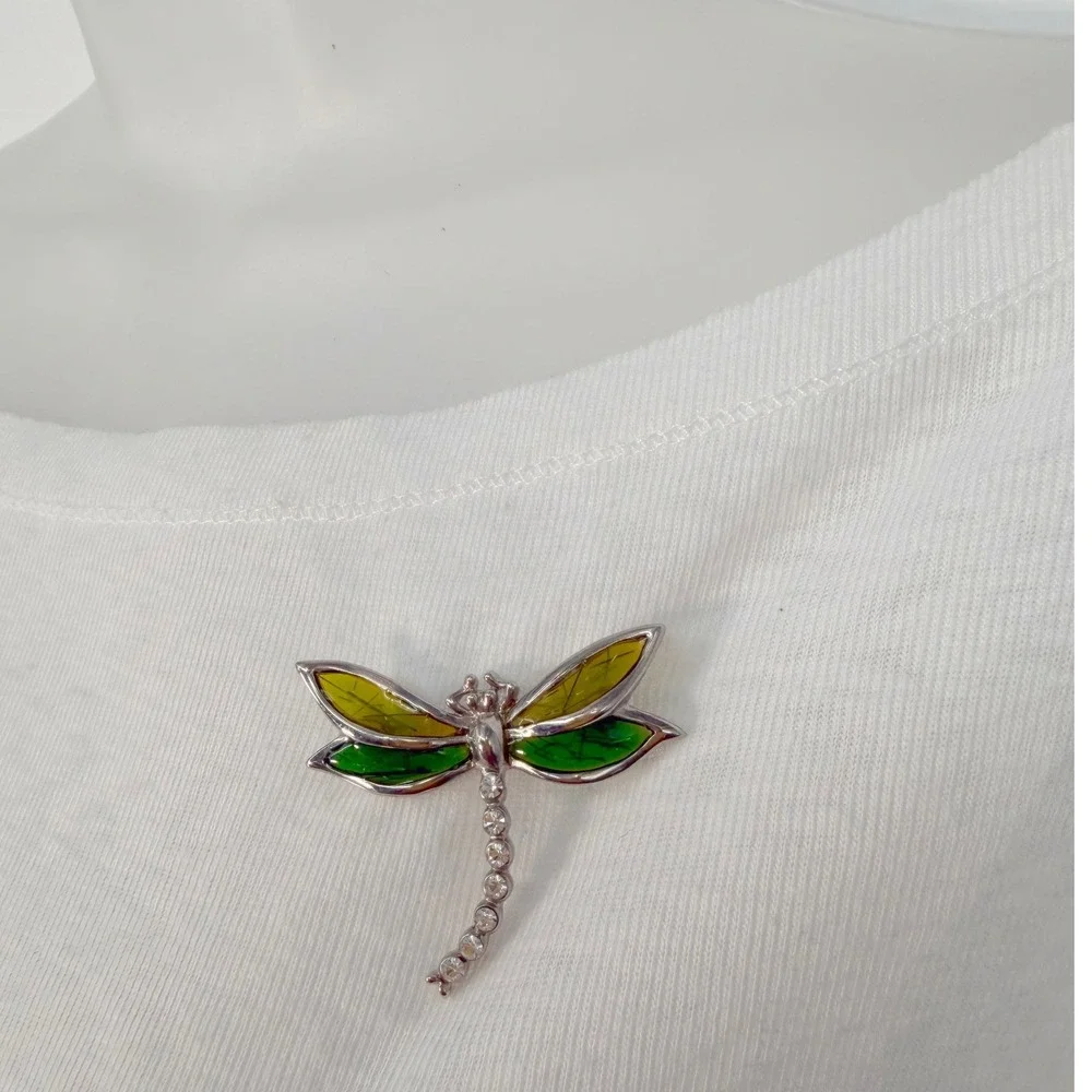 Silver Tone Dragonfly Brooch Green Yellow Enamel Wings Clear Rhinestone 103-235